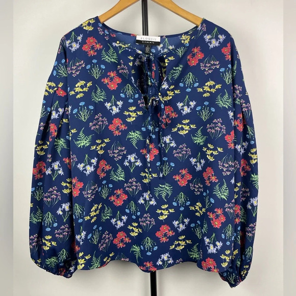 ELOQUII‎ Elements Blue Floral Long Balloon Sleeve Blouse - Picture 4 of 9